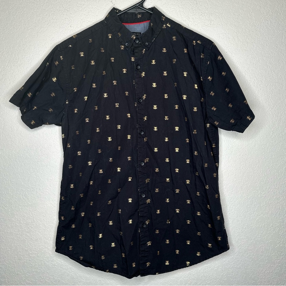 Black Button Up Gold Bees